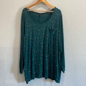 Lane Bryant Green Feather Print Relaxed Long Sleeve Top Size 26/28